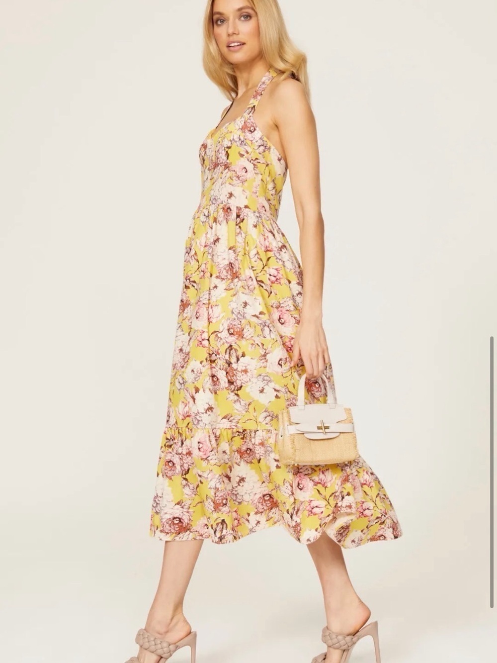 Bardot LaBella Floral Midi Dress Size XS / 2 Yellow Pink Cottagecore Romantic - Picture 3 of 14